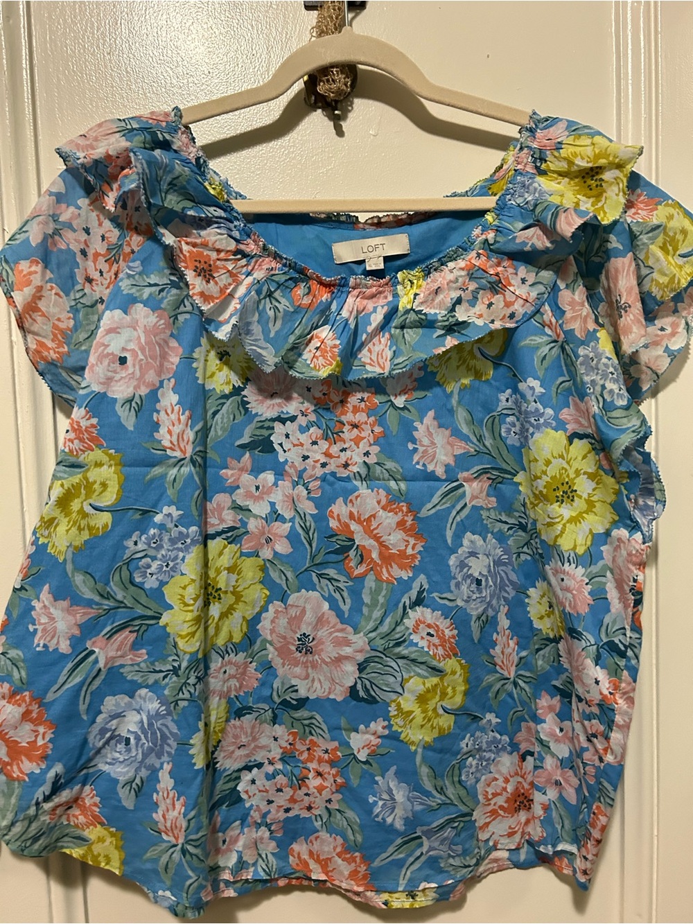 LOFT Blue Floral Ruffle-Trim Blouse